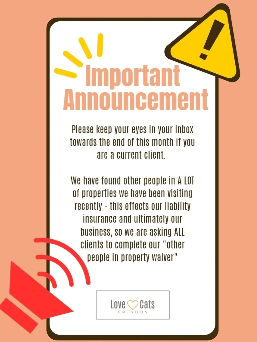 IMPORTANT UPDATE FOR ALL CLIENTS 🚨

We&rsquo;ll be sending out a new "Other People in Property&rdquo; waiver for everyone to complete before your next booking.

This is due to recently arriving at visits expecting empty homes and finding people