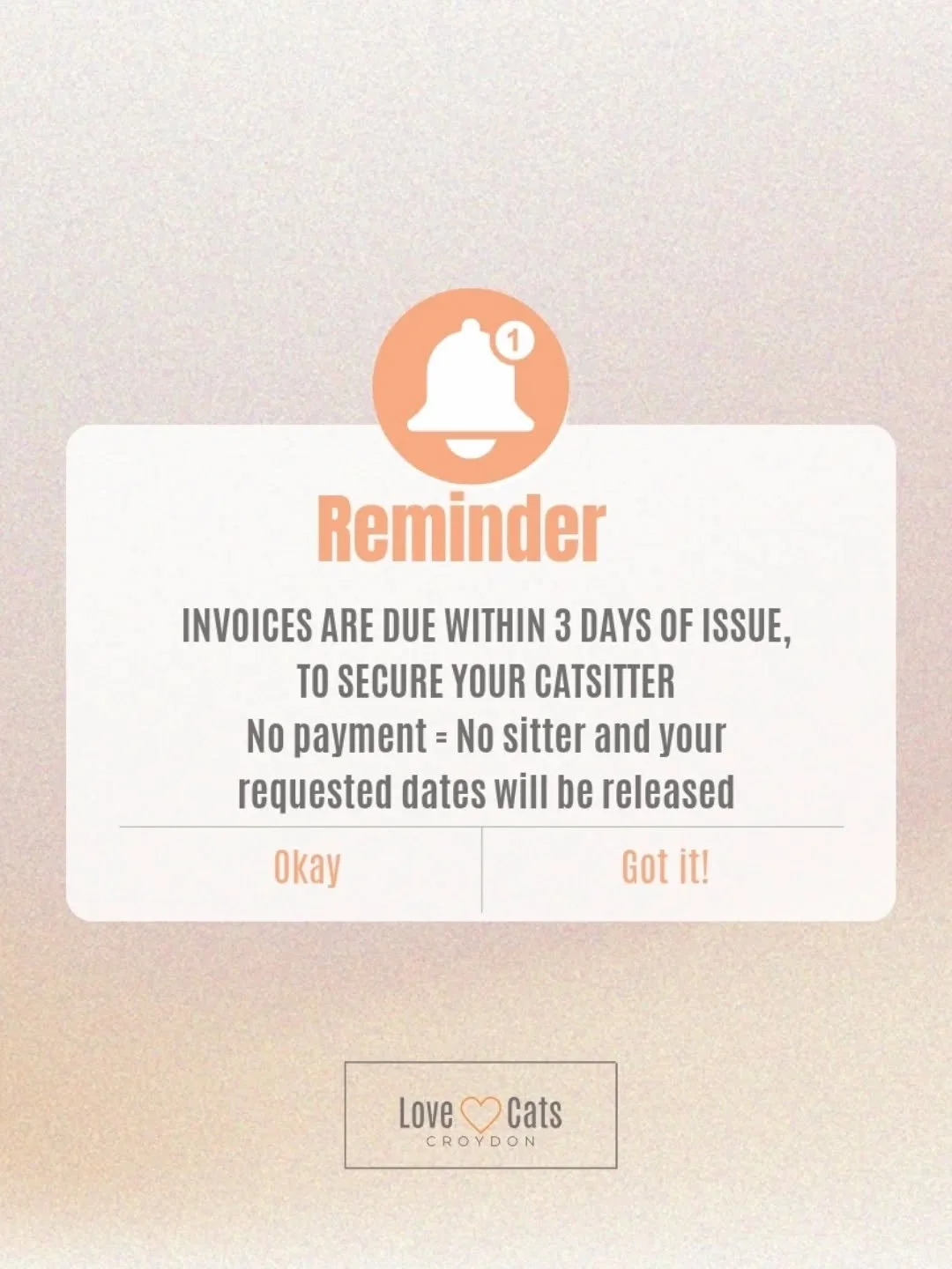 ONE PAYMENT THIS MONTH. JUST ONE. And we&rsquo;re now 20 days in.

I don&rsquo;t like having to say this (again), but one payment doesn&rsquo;t run a business.

Behind every booking is a real team - 10 brilliant cat sitters -  planning their time, th