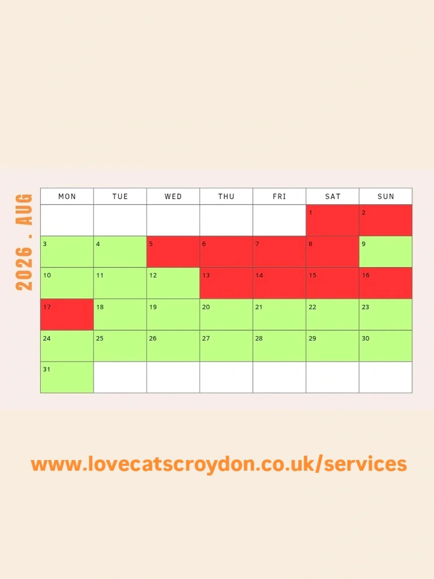 Yep - catsitting bookings are open until Aug (including Aug Bank holiday!) But get in quick to avoid disappointment as dates really are going fast!

You will notice - back by popular demand - is the traffic light system of avails. 

🔴 Red - I'm FULL