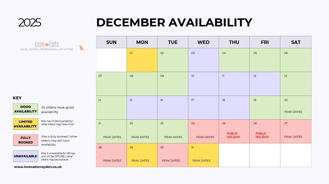 December 2025 availability calendar for Love Cats Croydon cat sitters