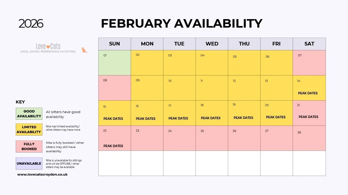 February 2026 availability calendar for Love Cats Croydon cat sitters