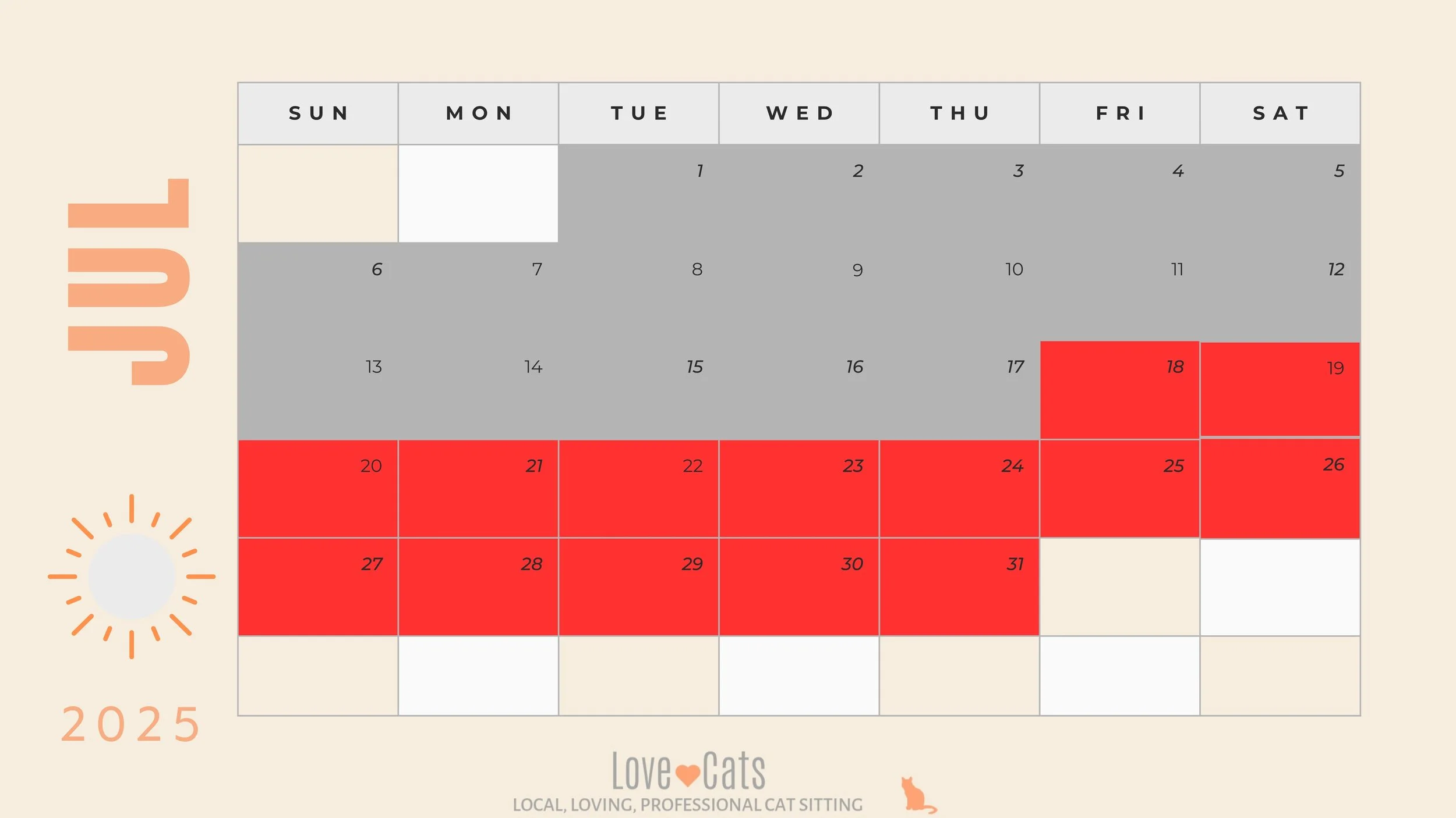 Cat Sitter availability calendar with love cats croydon for July 2025