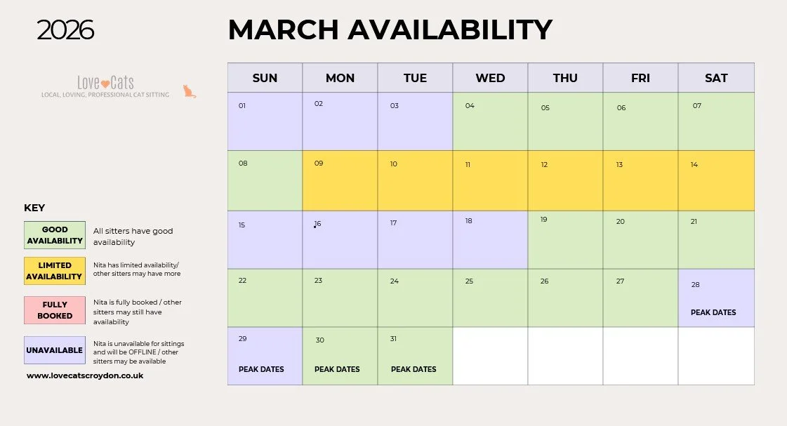 March 2026 availability calendar for Love Cats Croydon cat sitters