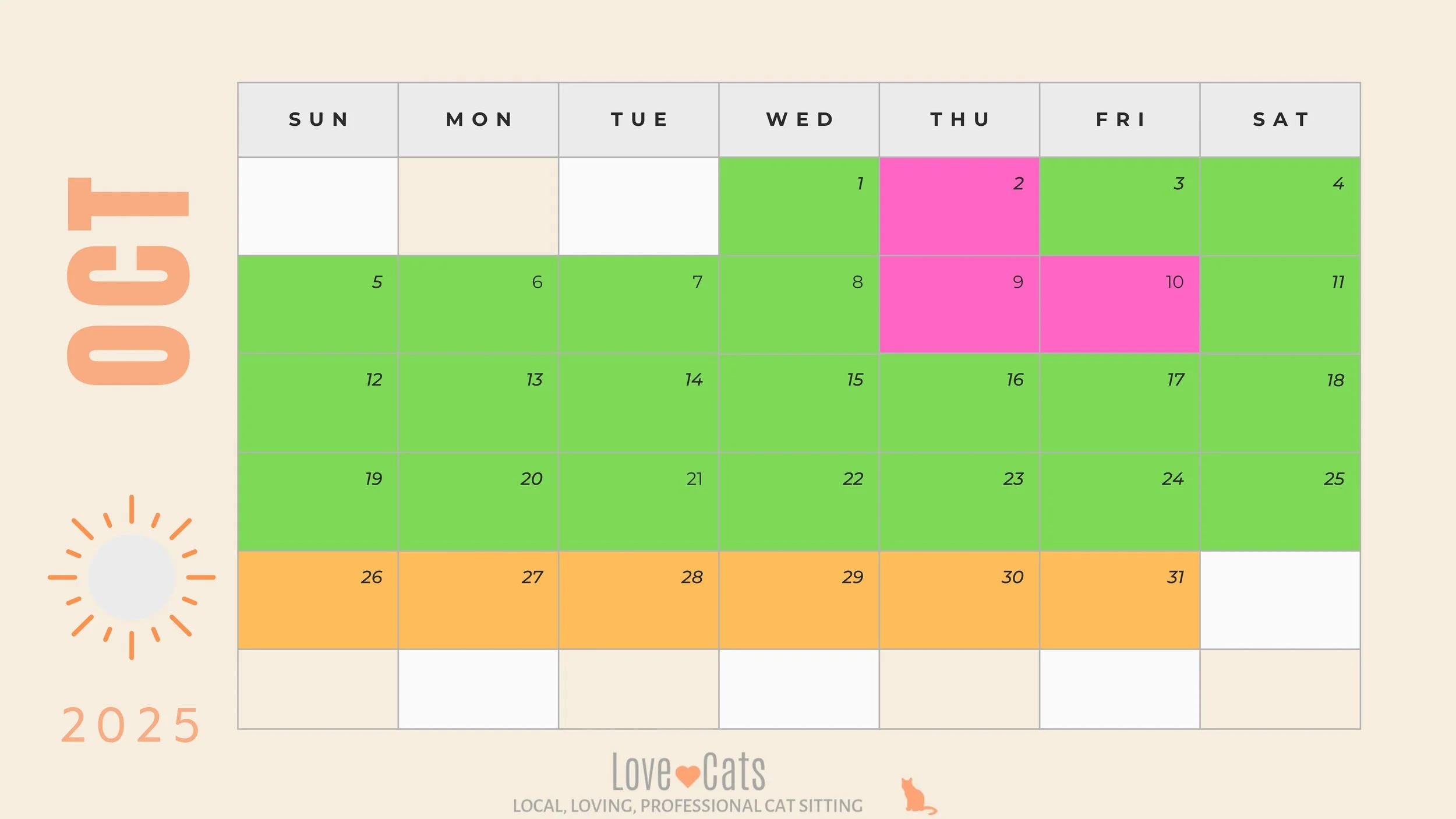 Cat Sitter availability calendar with love cats croydon for October 2025