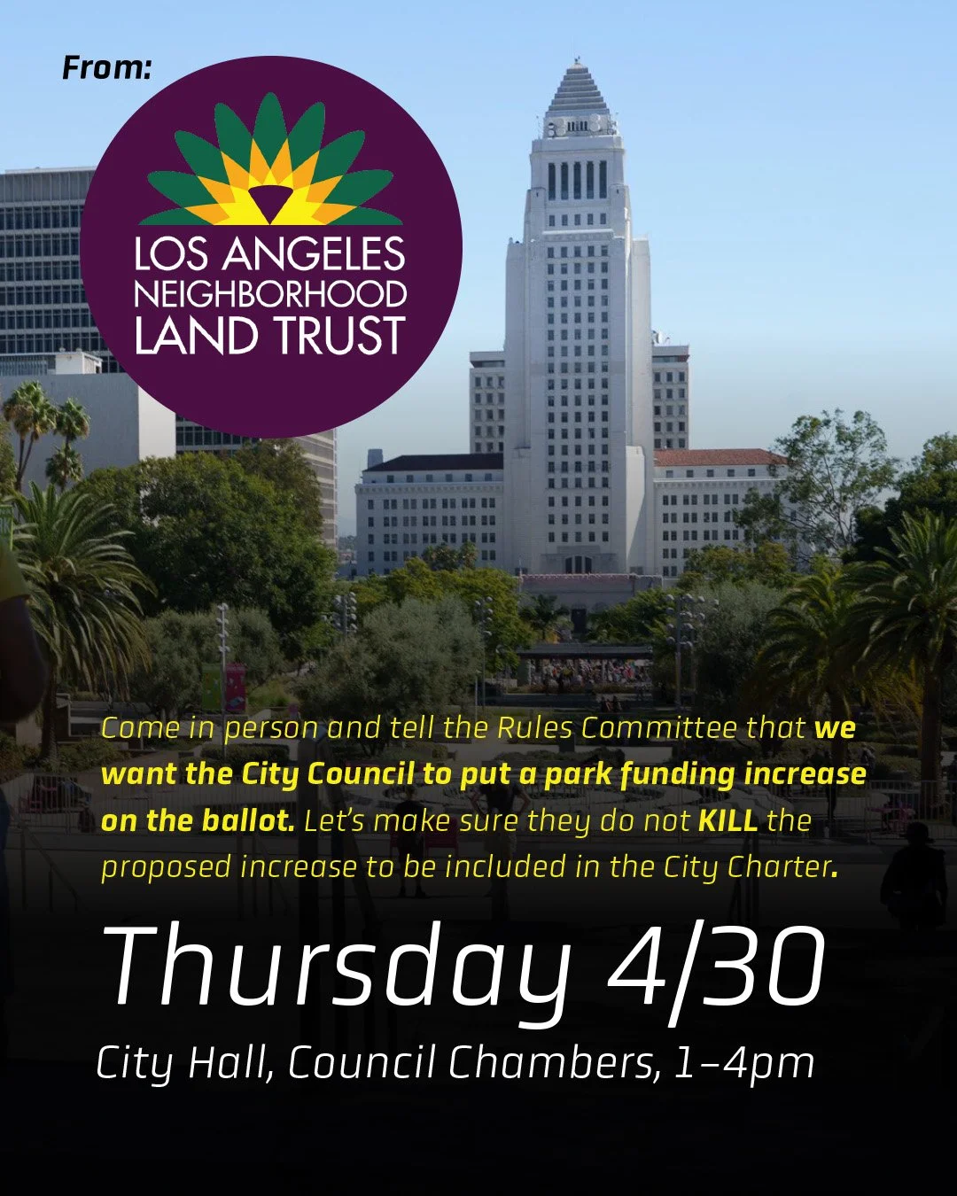 &mdash;&mdash;> Los Angeles city parks currently receive 0.03% of the city budget, as outlined in our City Charter which has not been updated since 1937. With the drafting of a new Charter, there is a proposal to increase the portion of the budget