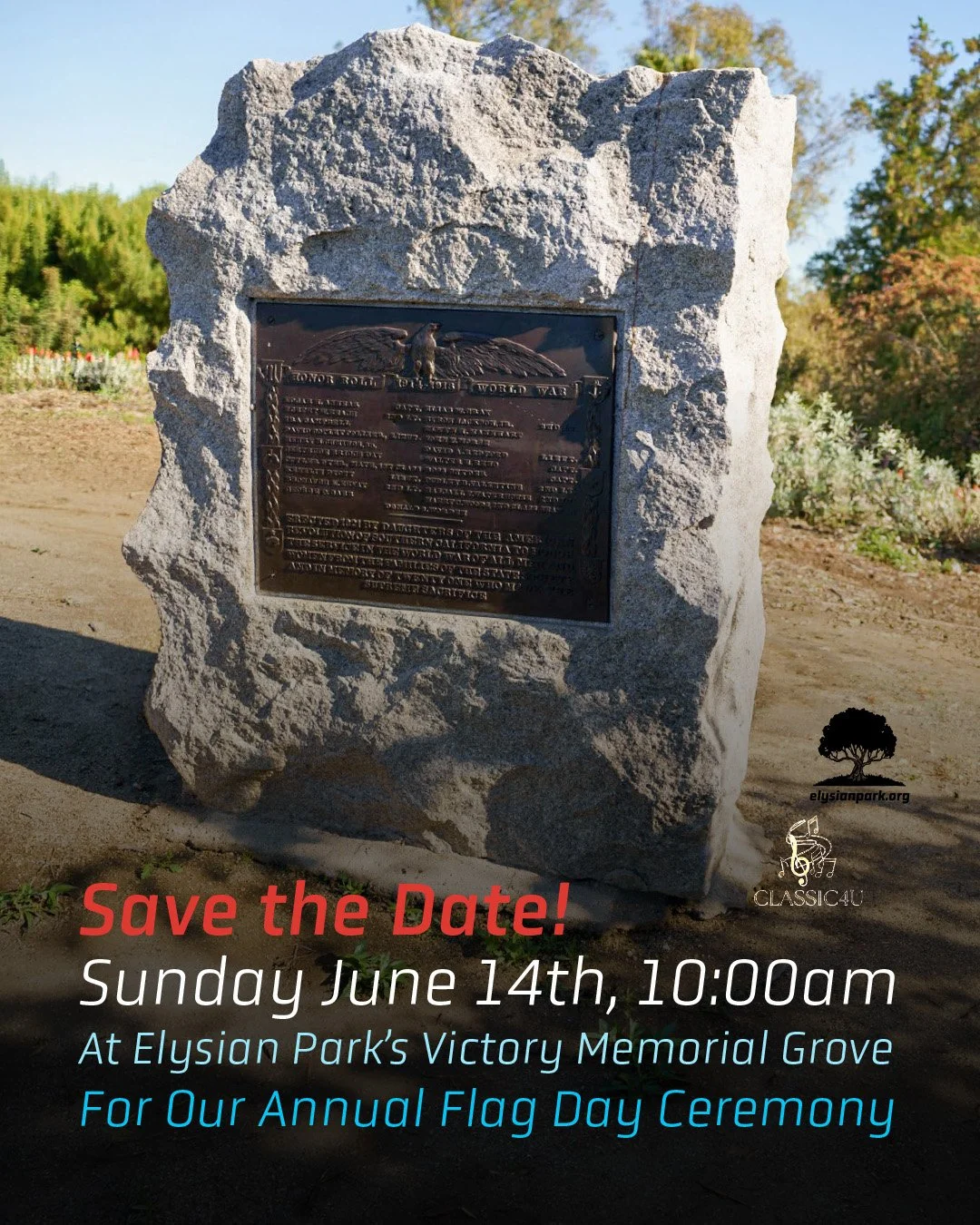 &mdash;&mdash;> For Flag Day we will be holding a ceremony to commemorate those remembered at Victory Memorial Grove.

Festivities will include: 
&bull; Explanation of the history of Victory Memorial Grove through period readings
&bull; Historical