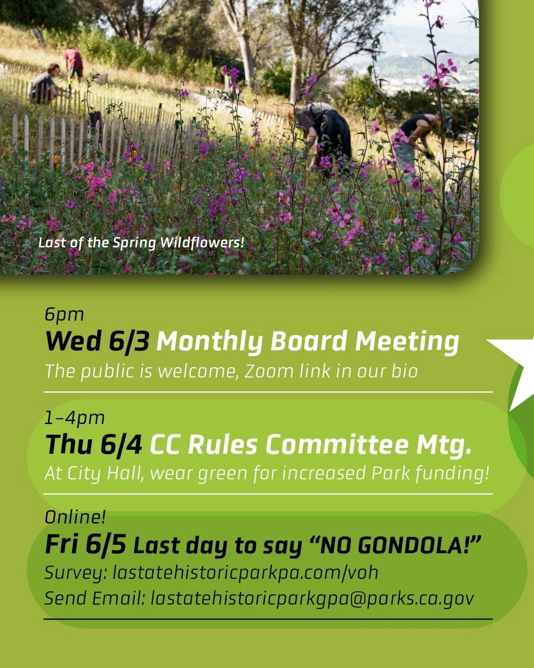 &mdash;&mdash;> 6/3 Wednesday, 6pm:
Our Board Meeting is via Zoom, as usual, on the first Wednesday of the month, it is open to the public. Zoom link in Linktree.

6/4, Thursday, 1-4pm:
We need park supporters at City Hall when the City Council Ru