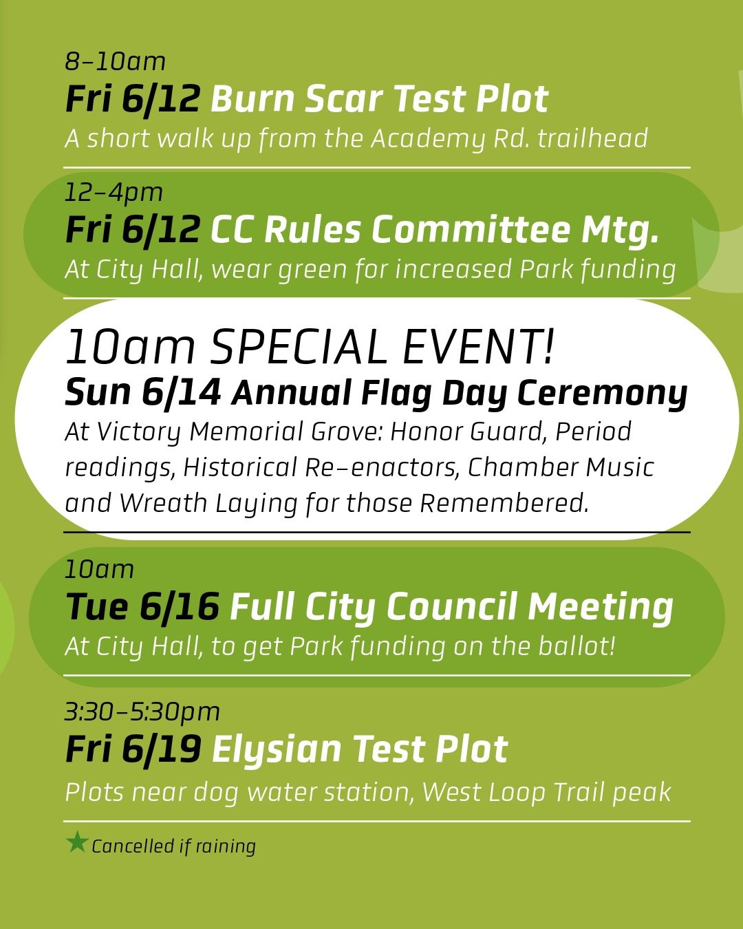 &mdash;&mdash;> 6/12, Friday, 8-10am:
Burn Scar Test Plot
With Hannah and Tim from @terremoto_landscape A short walk up from the Academy Rd. trailhead, West Loop Trail

6/12, Friday, 1-4pm:
We need park supporters at City Hall when the City Counci