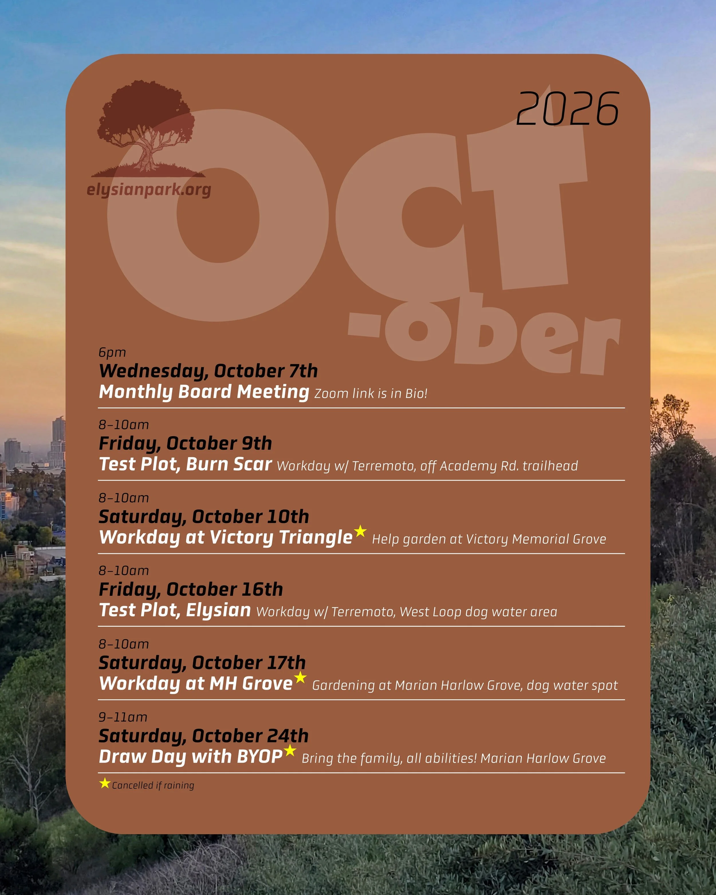 &mdash;October 2026 in Elysian Park

&mdash;Board Meeting: October 7th, 6pm. Public welcome, via Zoom (link in bio)

&mdash;Saturdays have light Workdays, 8-10am. Victory Memorial Grove, October 10th; Marian Harlow Grove, October 17th, (directions in
