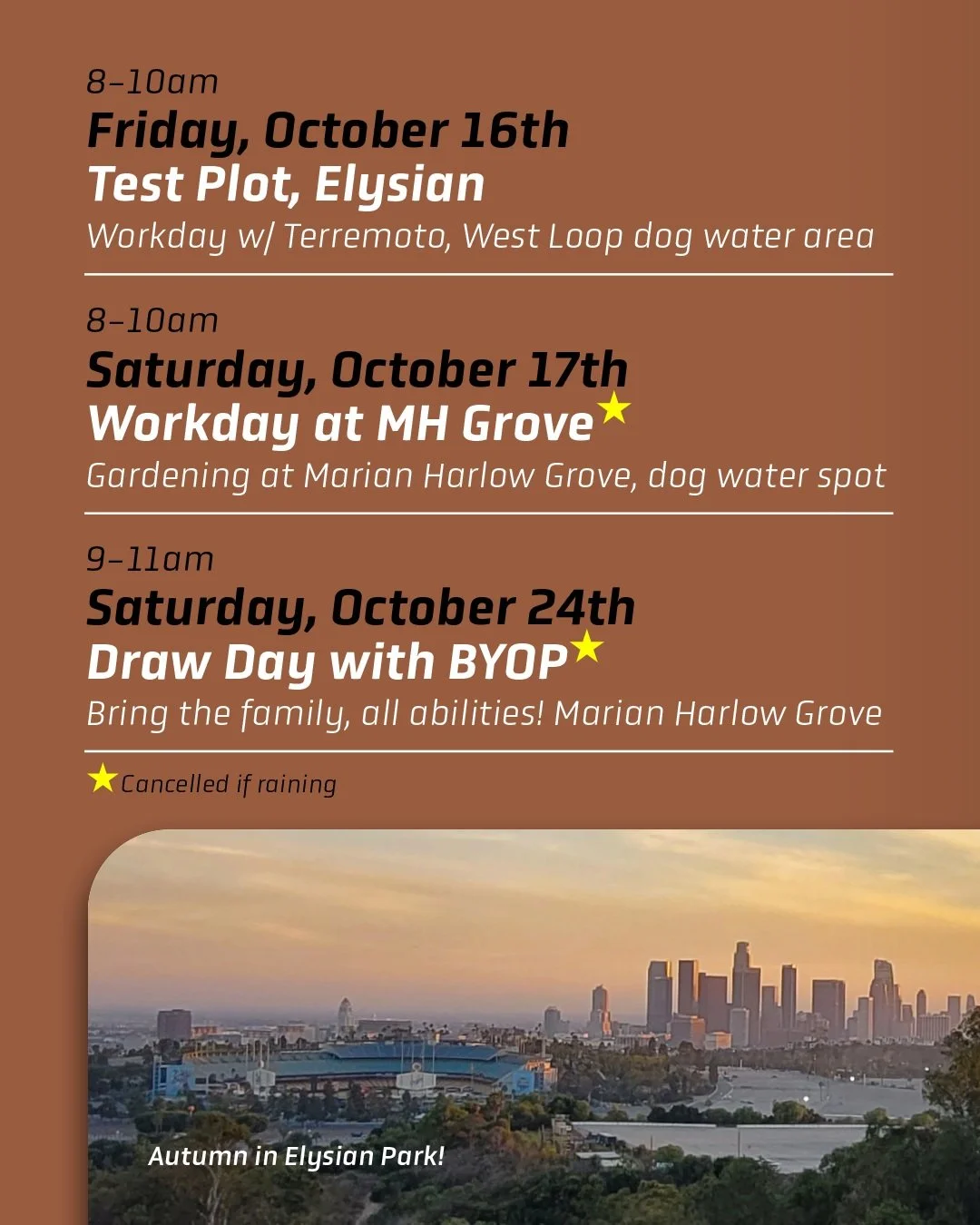 &mdash;October 2026 in Elysian Park

&mdash;Board Meeting: October 7th, 6pm. Public welcome, via Zoom (link in bio)

&mdash;Saturdays have light Workdays, 8-10am. Victory Memorial Grove, October 10th; Marian Harlow Grove, October 17th, (directions in
