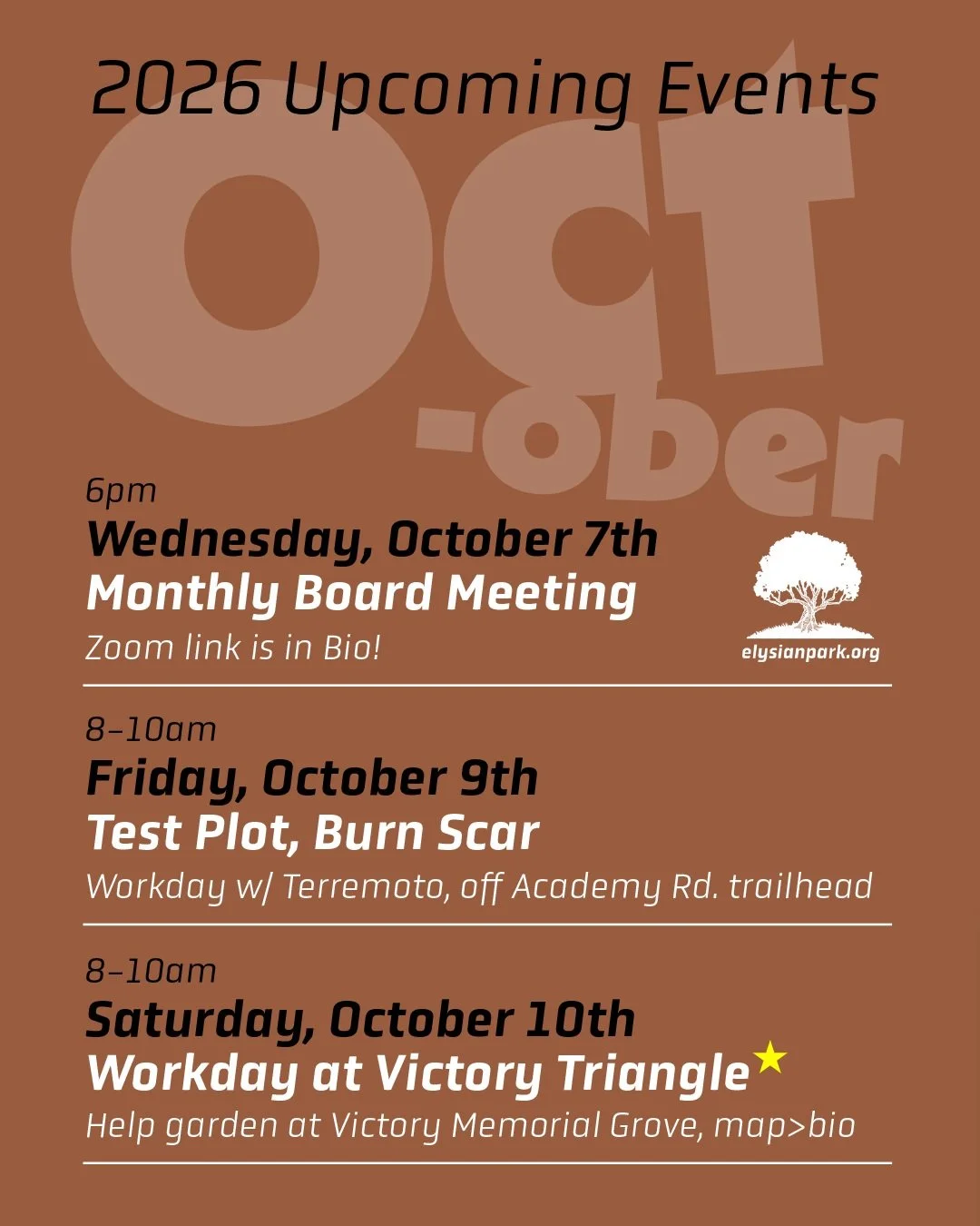 &mdash;October 2026 in Elysian Park

&mdash;Board Meeting: October 7th, 6pm. Public welcome, via Zoom (link in bio)

&mdash;Saturdays have light Workdays, 8-10am. Victory Memorial Grove, October 10th; Marian Harlow Grove, October 17th, (directions in