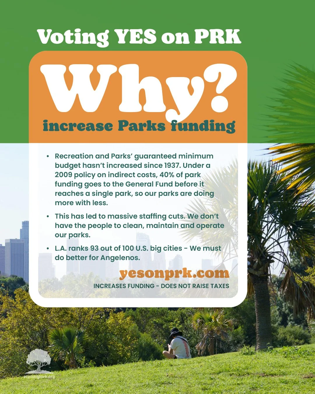 &mdash; From @yesonmeasureprk:

Why do we need more funding for our parks?

L.A.&rsquo;s parks have been severely underfunded for decades. The annual budget has not kept up with inflation or other city deparments. That means far less staff, worse fac