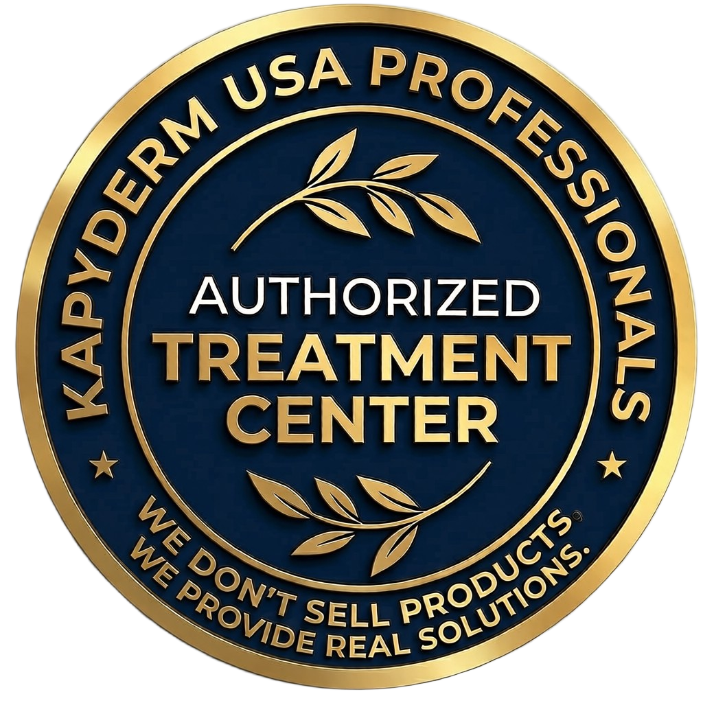 A circular emblem with a navy blue background, gold border, and gold text that reads 'KAPYDERM USA PROFESSIONALS.' Inside, it says 'AUTHORIZED TREATMENT CENTER.' The emblem features gold olive branches and includes the text 'WE DON'T SELL PRODUCTS, WE PROVIDE REAL SOLUTIONS.'