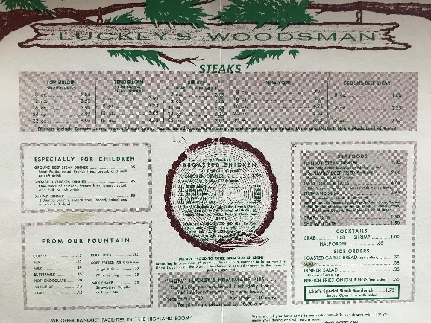 64 years ago today Luckey's Woodsman opened their doors. 

Fun Fact: A 16 oz. Filet Mignon (Tenderlion steak) was $4.65 in 1956. 
🥩

🌲 For more info on the story check out the link in bio 🌲