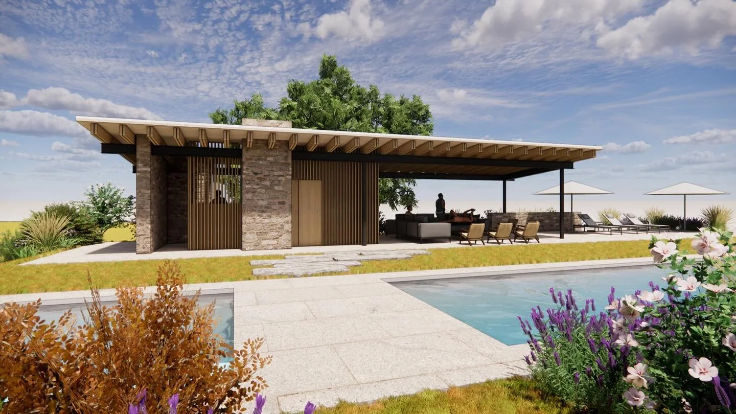 Our Berkshires pool house is on the boards. 
.
Situated in the shade of an adjacent willow and in the middle of a rolling field, this minimalist retreat offers clear views to Bald Mountain, Fountain Pond State Park and East Mountain State Park in the