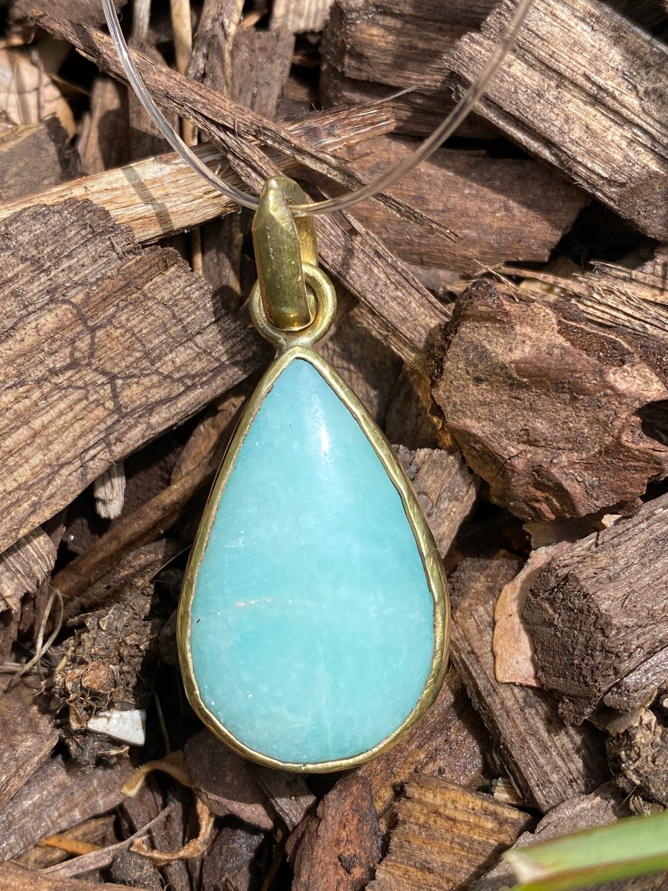 Handmade Pendant by Qory in Peru in the Sacred Valley. Made with Brass & Amazonite.