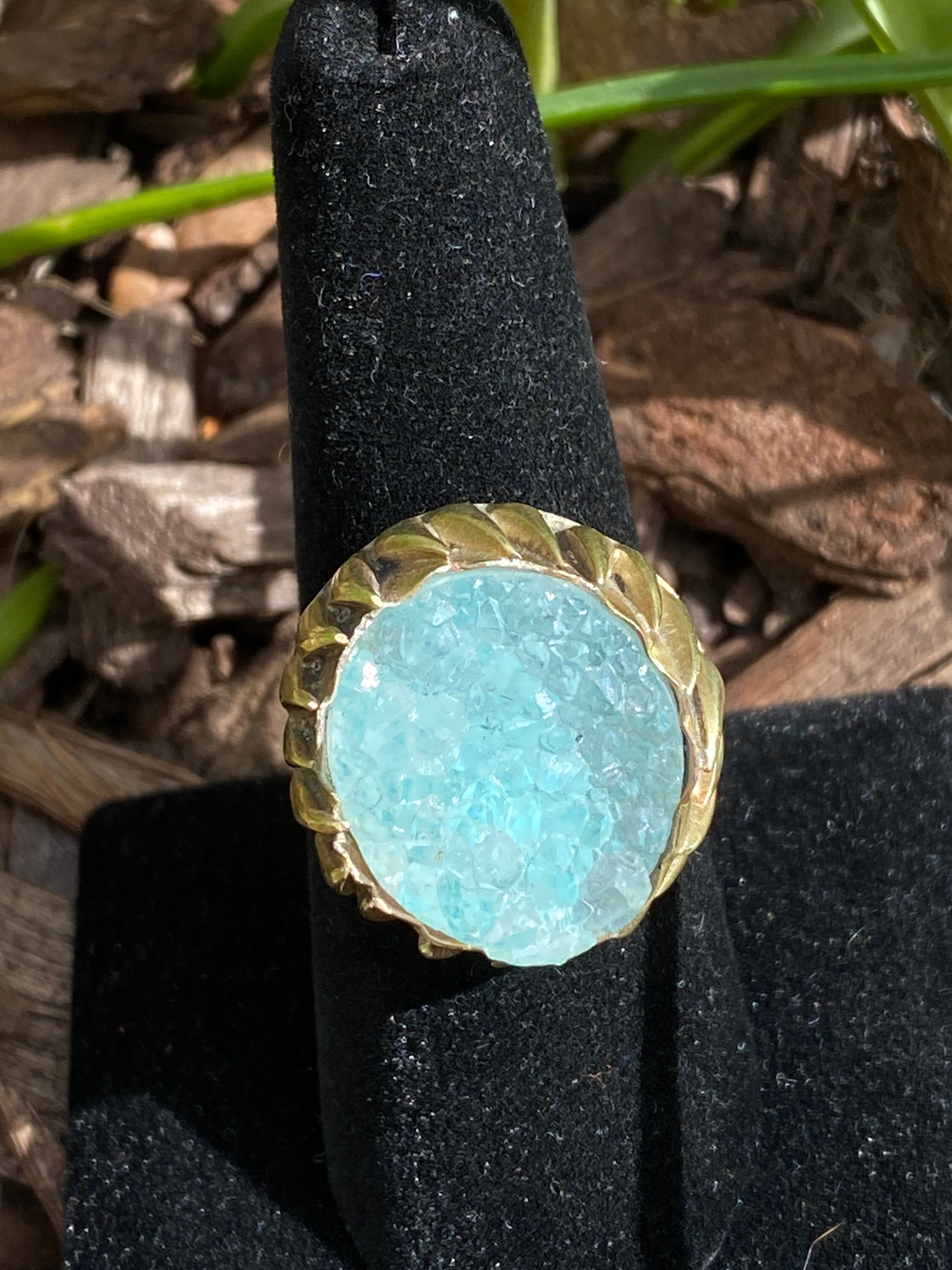 Handmade Ring by Qory in Peru in the Sacred Valley. Woven Brass with a Druzy. Weighs .3 oz