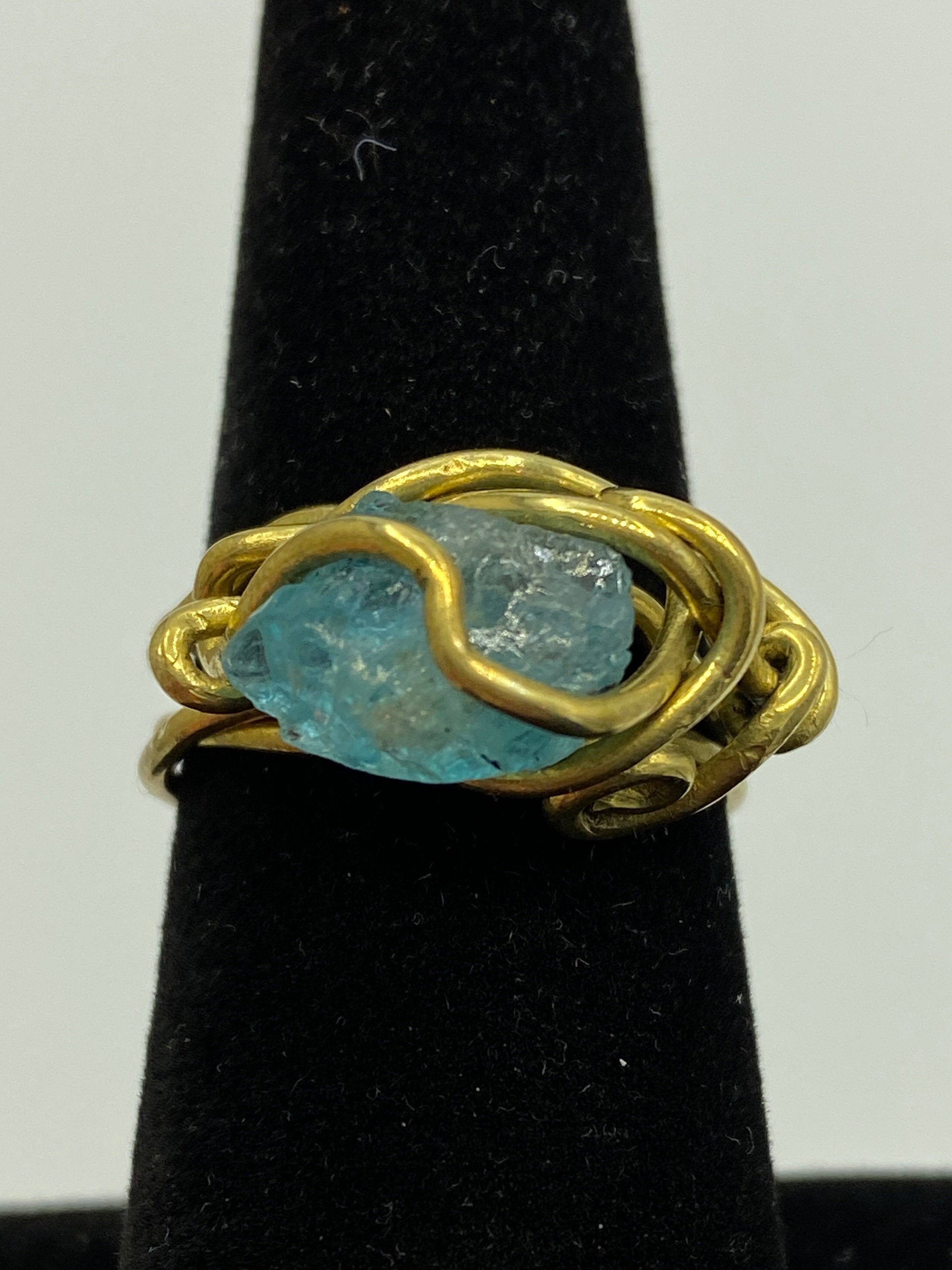 Handmade Ring by Qory in Peru in the Sacred Valley. Made with Brass & Blue Apatite.