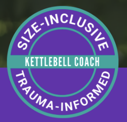 logo for Size Inclusive Kettlebell Coach certification, white text on purple and teal background