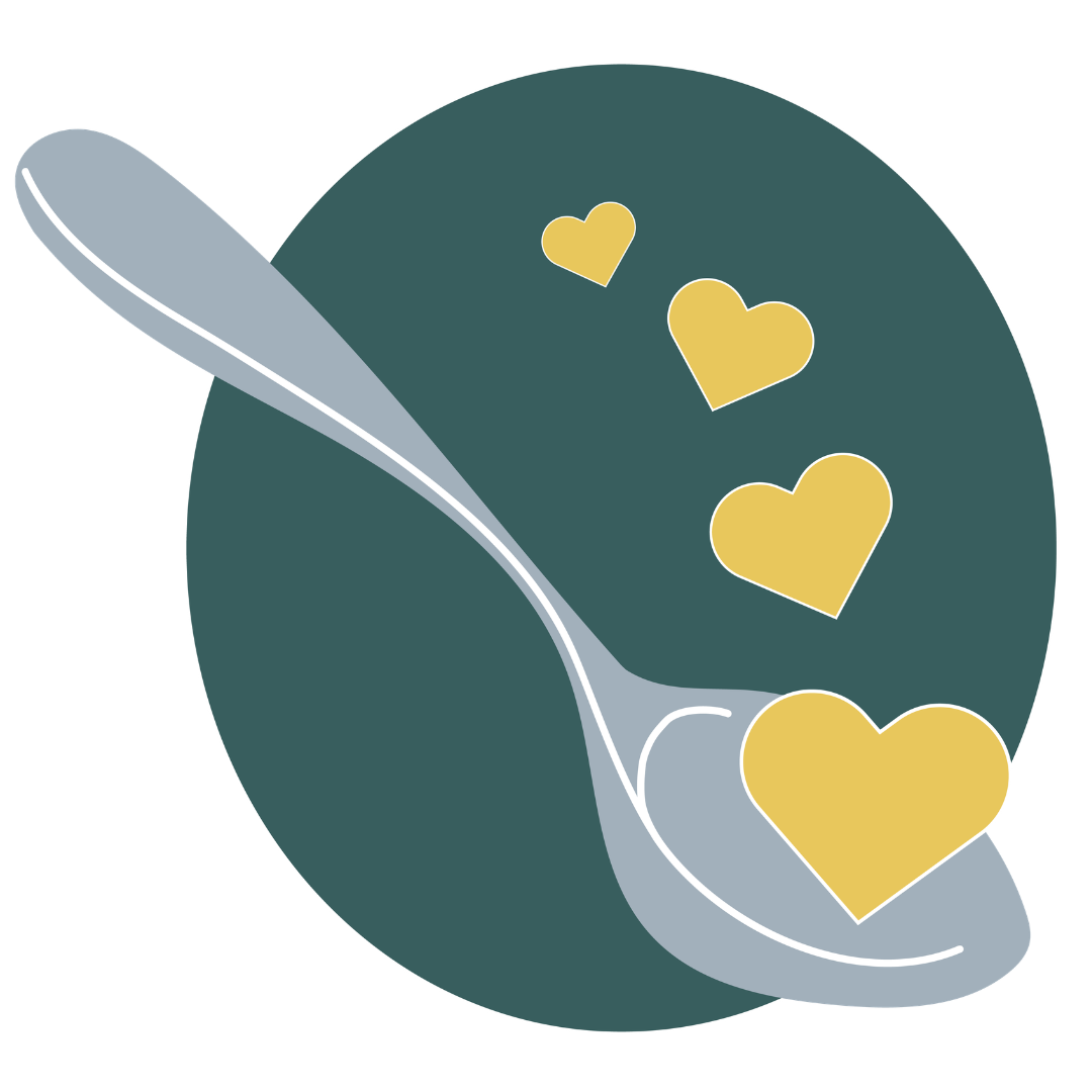 green circle with a spoon serving golden hearts - Nourish + Connect logo