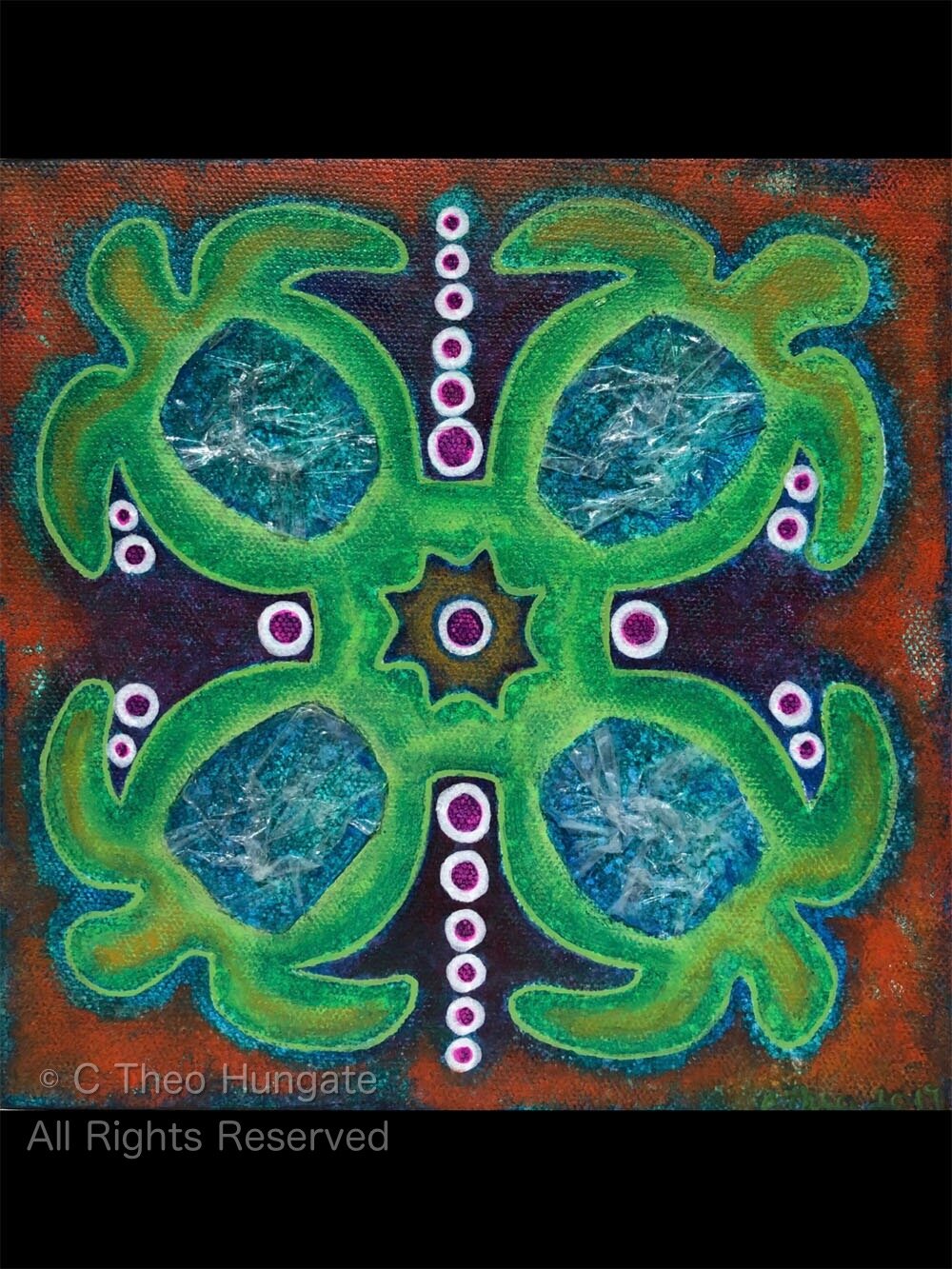 Quatrefoil Memorial, 2019, acrylic on canvas + plastic, 8"x 8", $250