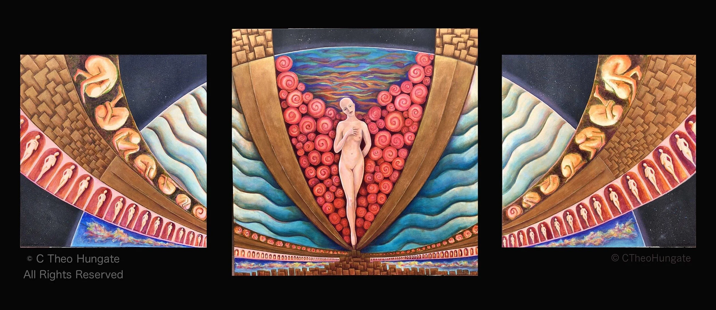 Ontogenesis (triptych), 2018, acrylic on canvas, cntr. panel 48"x48", side panels 36"x 36", $5,000
