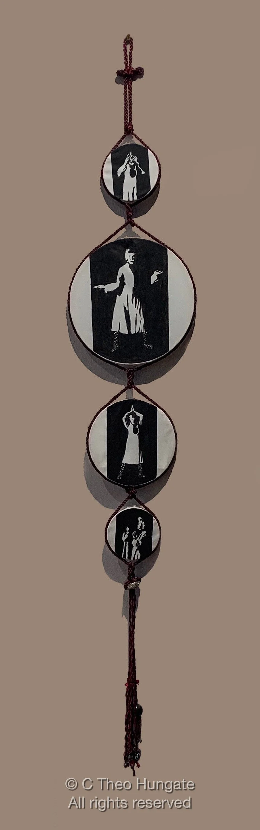 Muse Drums, 2013, acrylic on velumn, wood, cording, beads, $100