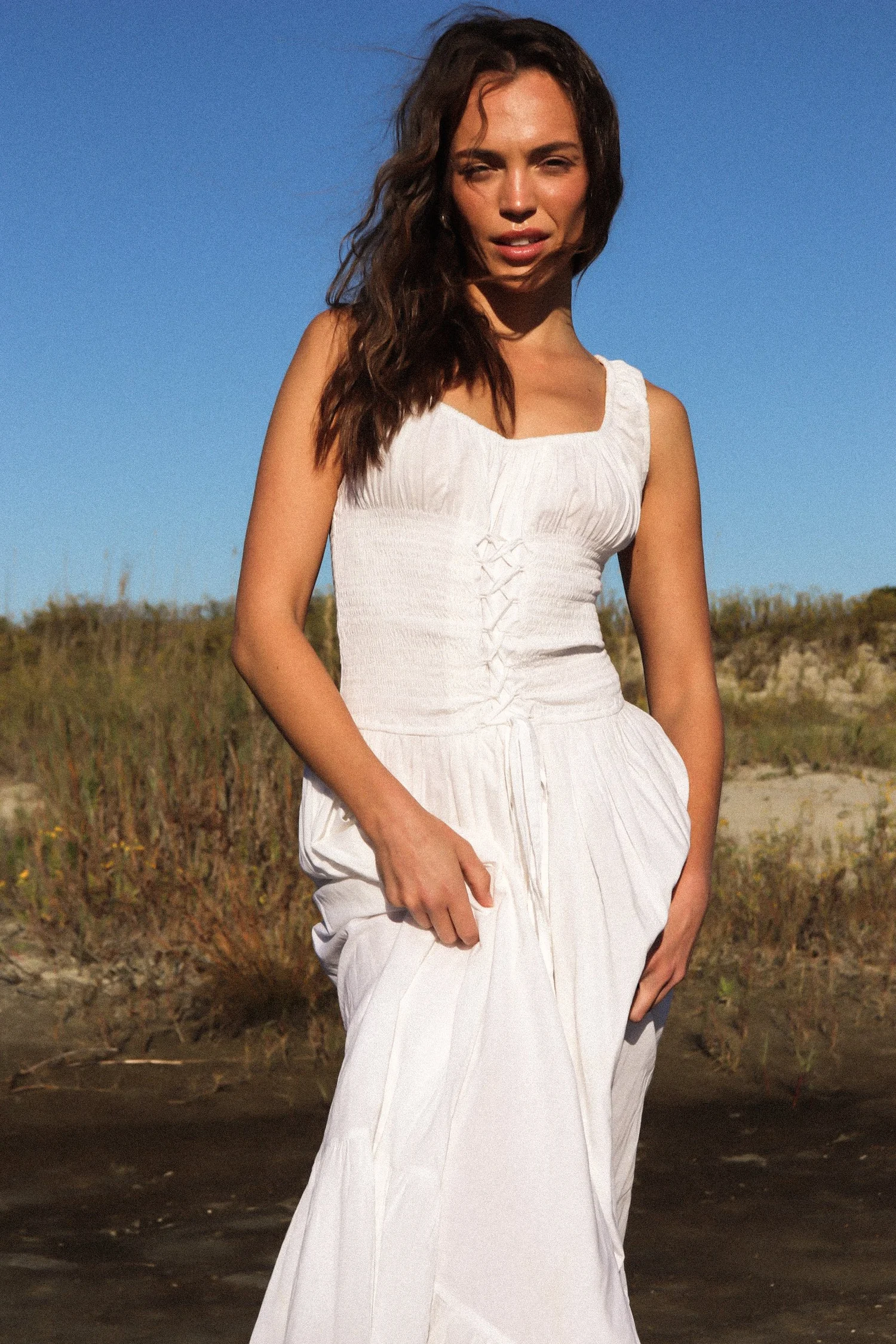 Lyla Cotton Voile Midi Dress with Shirred Bodice, Corset Detail