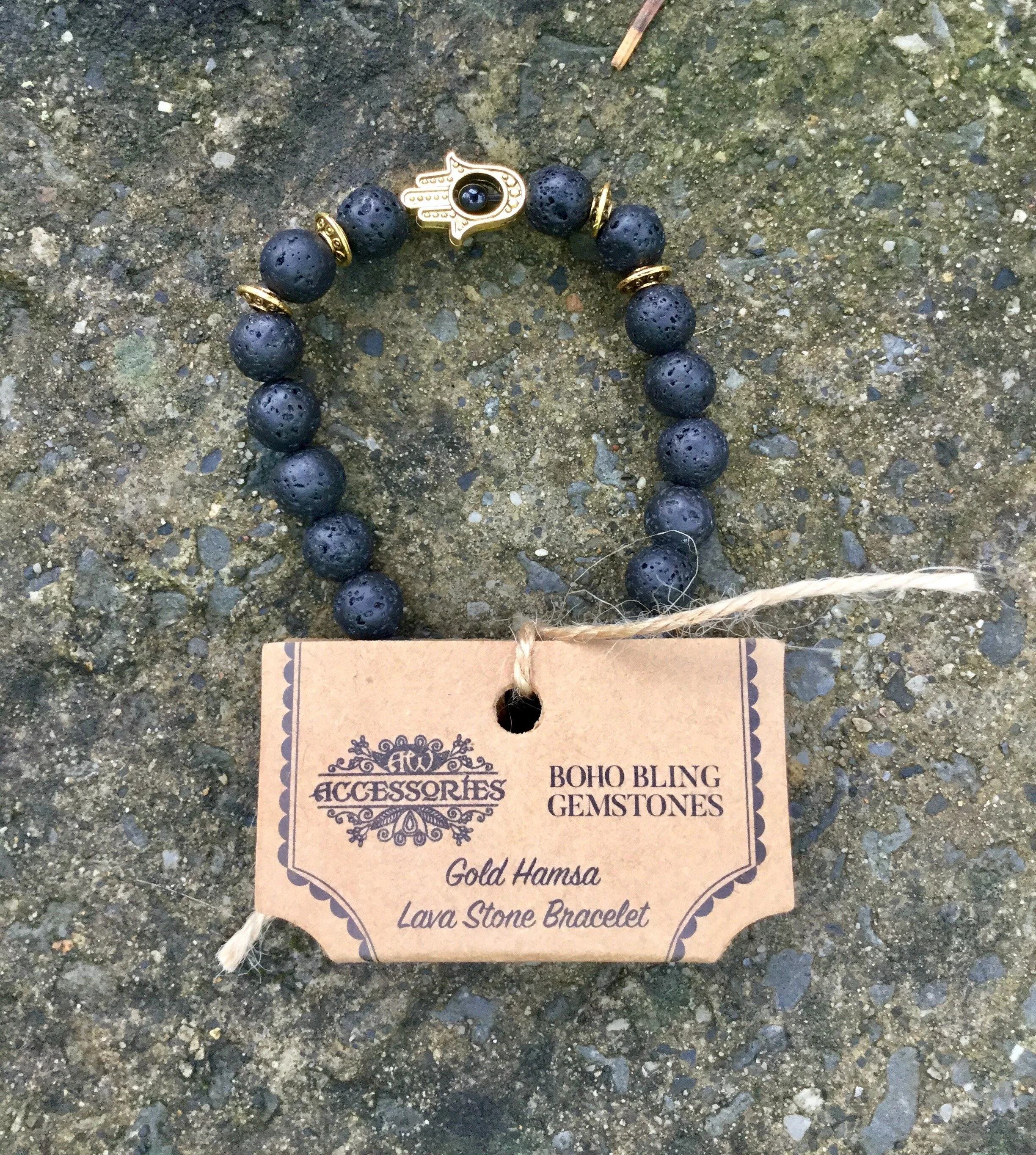 Protection - Lava Stone Bracelet with Gold Hamsa