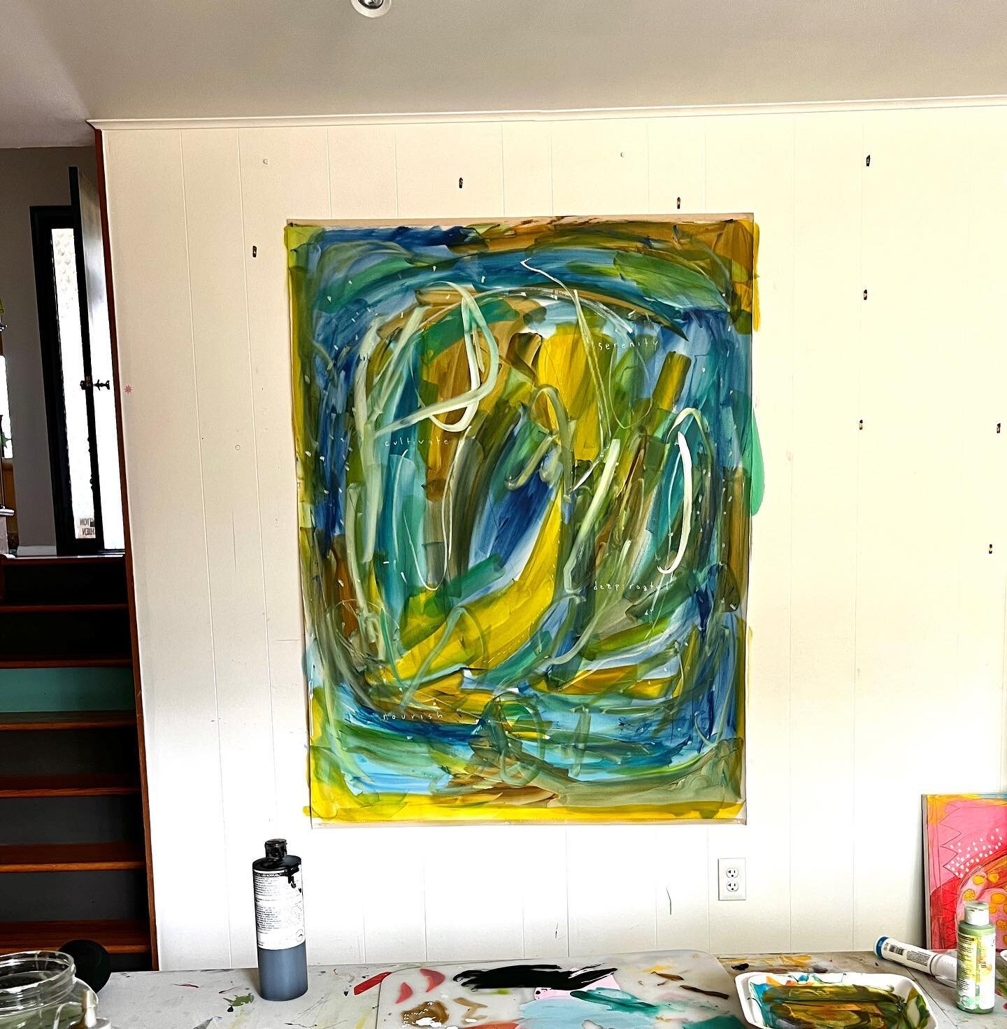 Working on unstretched canvas for a couple of large commission pieces, and enjoying the scale and freedom it provides. 
Also loving being back in the studio after a few weeks off due to end of school year stuff and college orientation... time is flyi