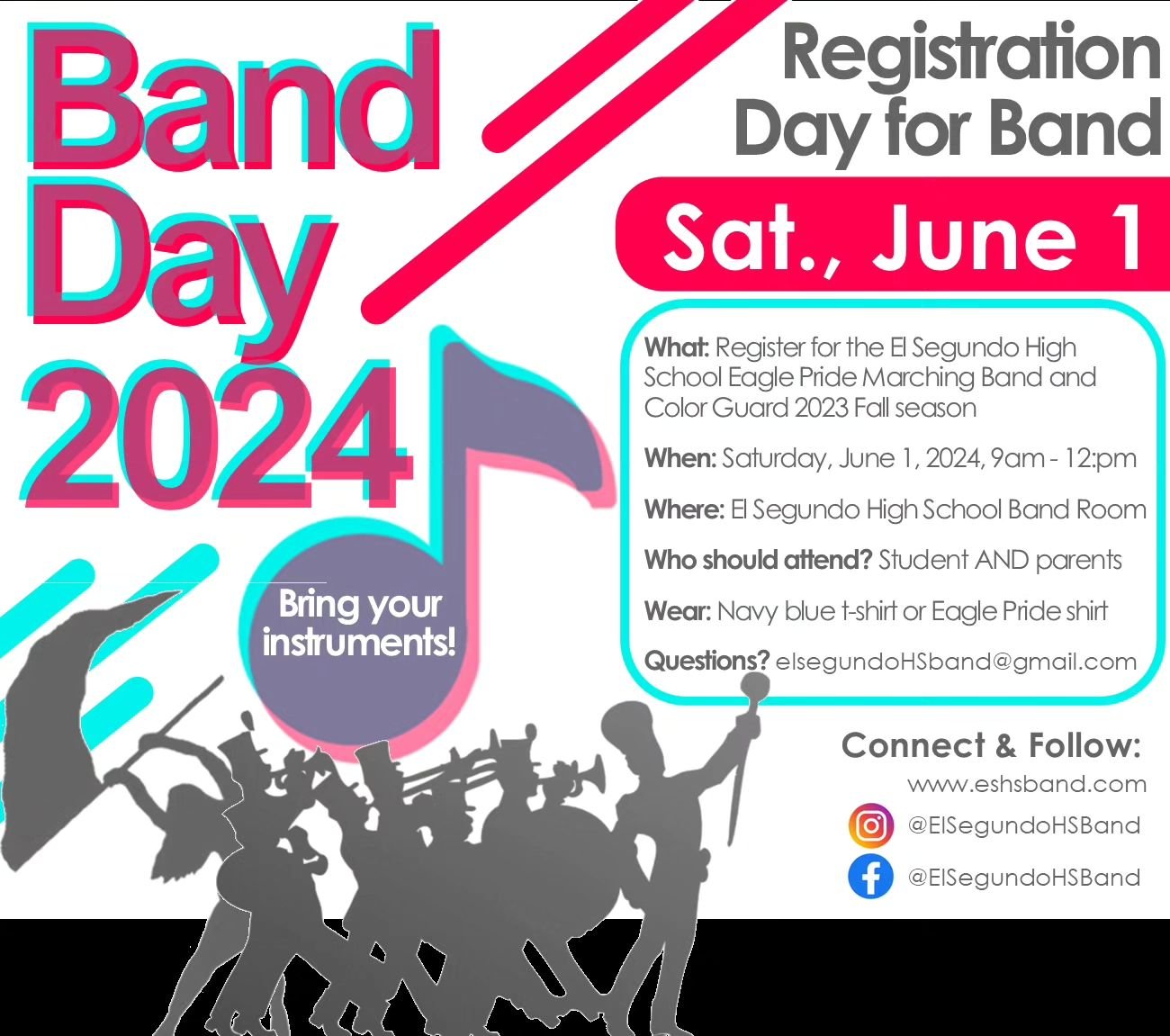 Mark your calendars for Band Day!
If you are registered for High School Advanced Band (or are still debating on joining Band for the 2024-25 school year), you must attend Band Day on Saturday, June 1st.
Important information will be shared with the s