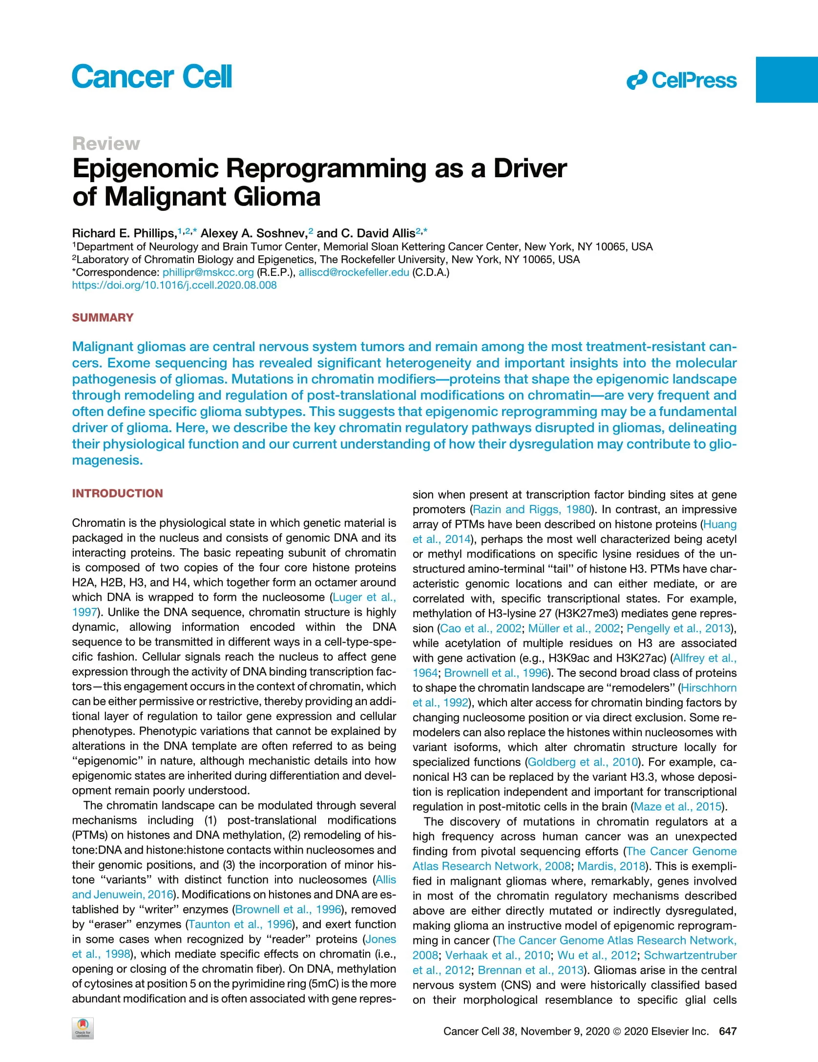 Epigenomic Reprogramming as a Driver of Malignant Glioma.