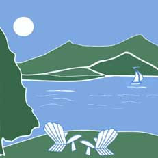 green and blue logo image, with Adirondack chairs overlooking a lake and mountains