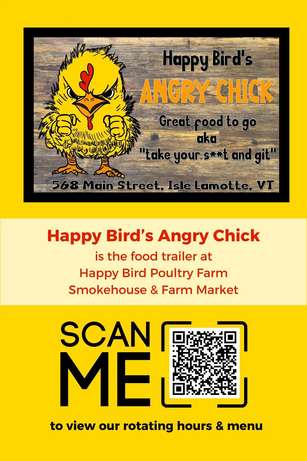 brochure with a drawing of an angry chick, and QR code to scan for hours and menu