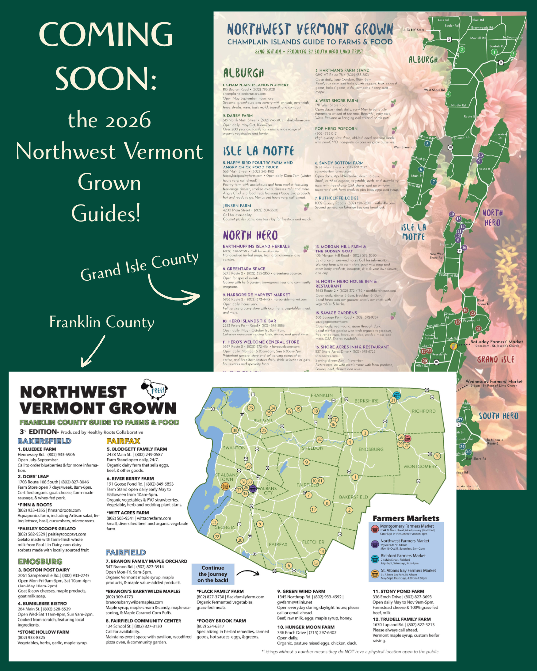 the front pages of the Grand Isle County and the Franklin County printed map guides on a dark green background
