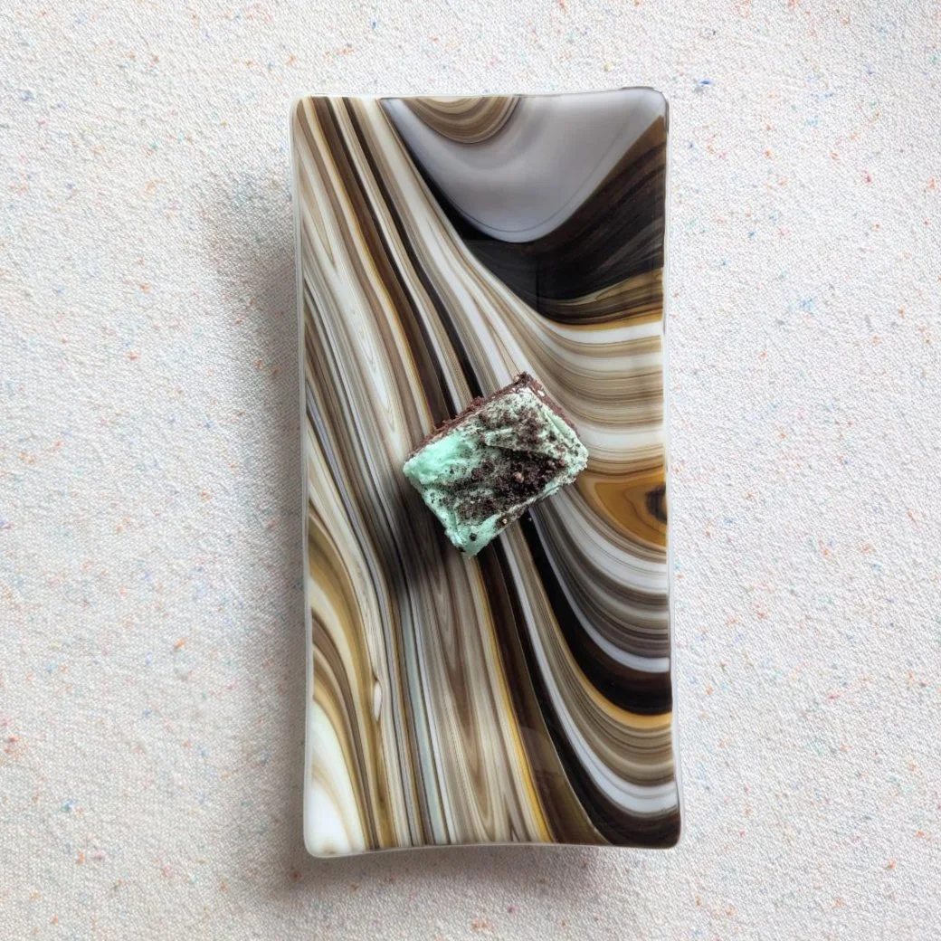 10 x 5 Inches Fused Glass Tray – Chocolate, Gray, and Cream Swirly Glass
