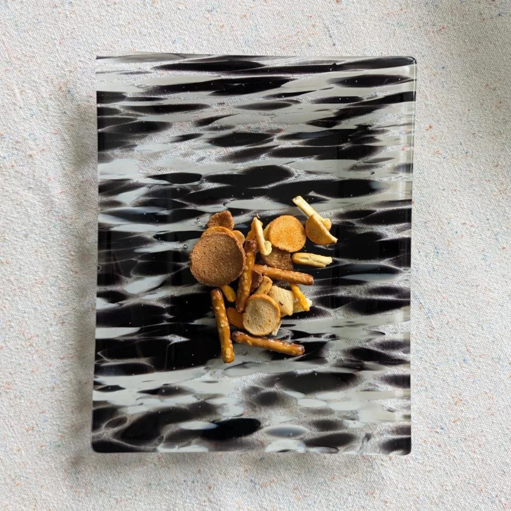 11 x 9 Inches Fused Glass Tray – Brushstrokes of Black and White Glass