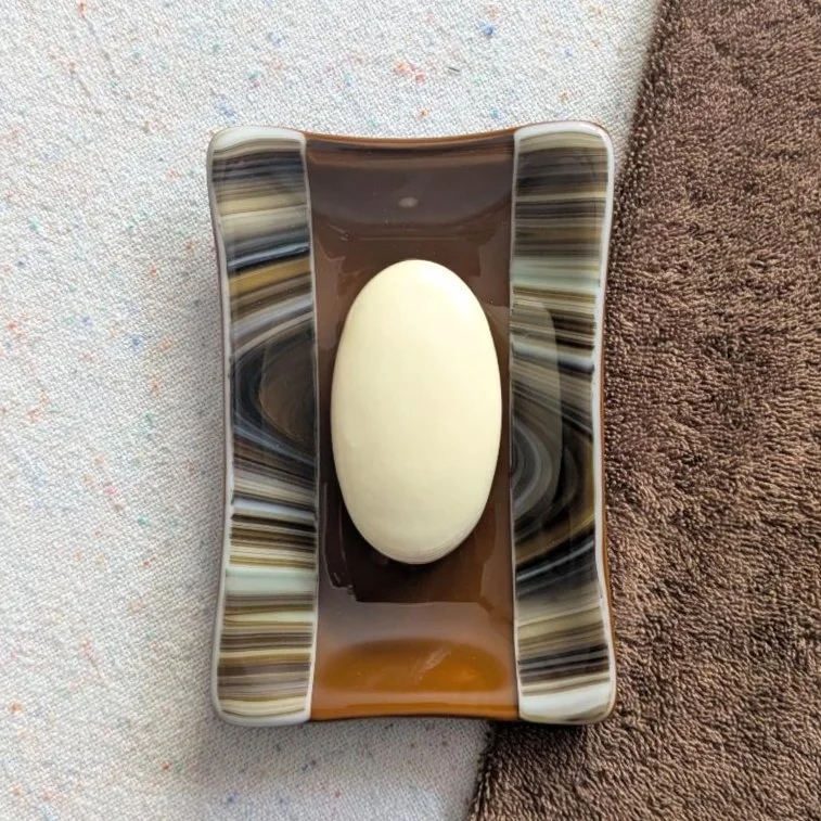 6 x 4 Inches Fused Glass Soap Dish – Brown, Coffee and Almond Swirly Glass on the Sides with Brown Glass in the Center