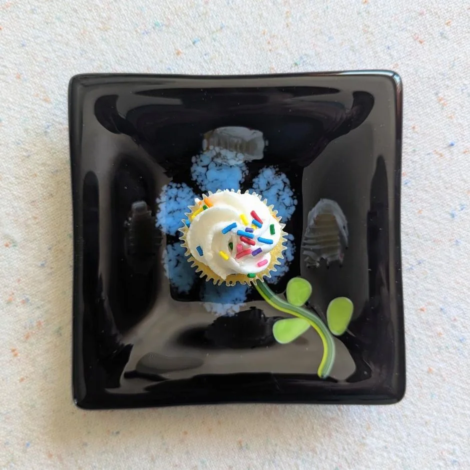 6 x 6 Inches Fused Glass Plate –Blue Flower on Black Glass