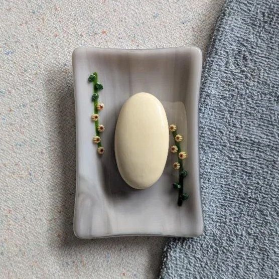 6 x 4 Inches Fused Glass Soap Dish – Raised Yellow Flower Branches on a Gray Marble Background