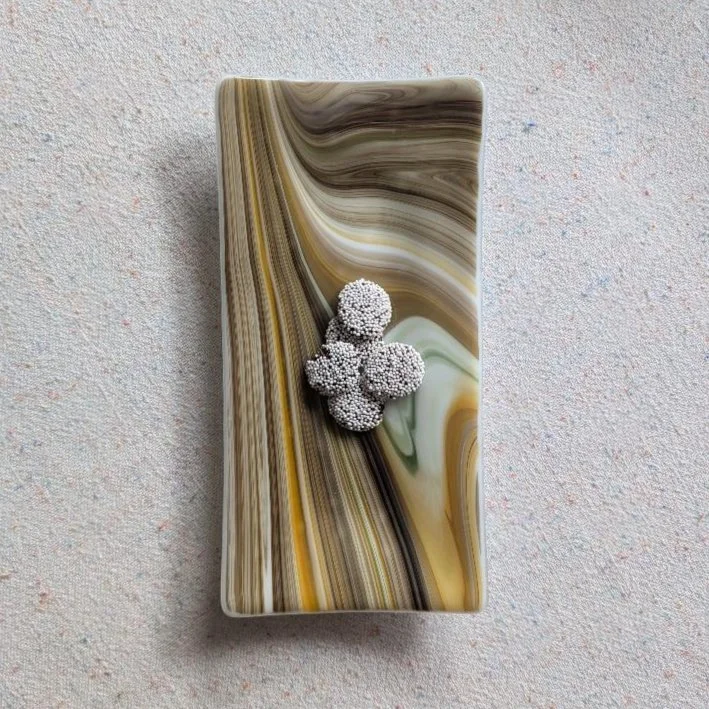 10 x 5 Inches Fused Glass Tray – Amber, Gray, Cream and Green Swirly Glass