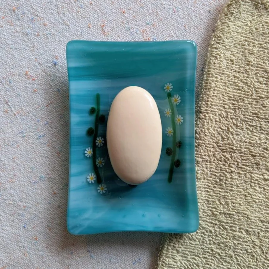 6 x 4 Inches Fused Glass Soap Dish –White Flower Branches on a Teal Background