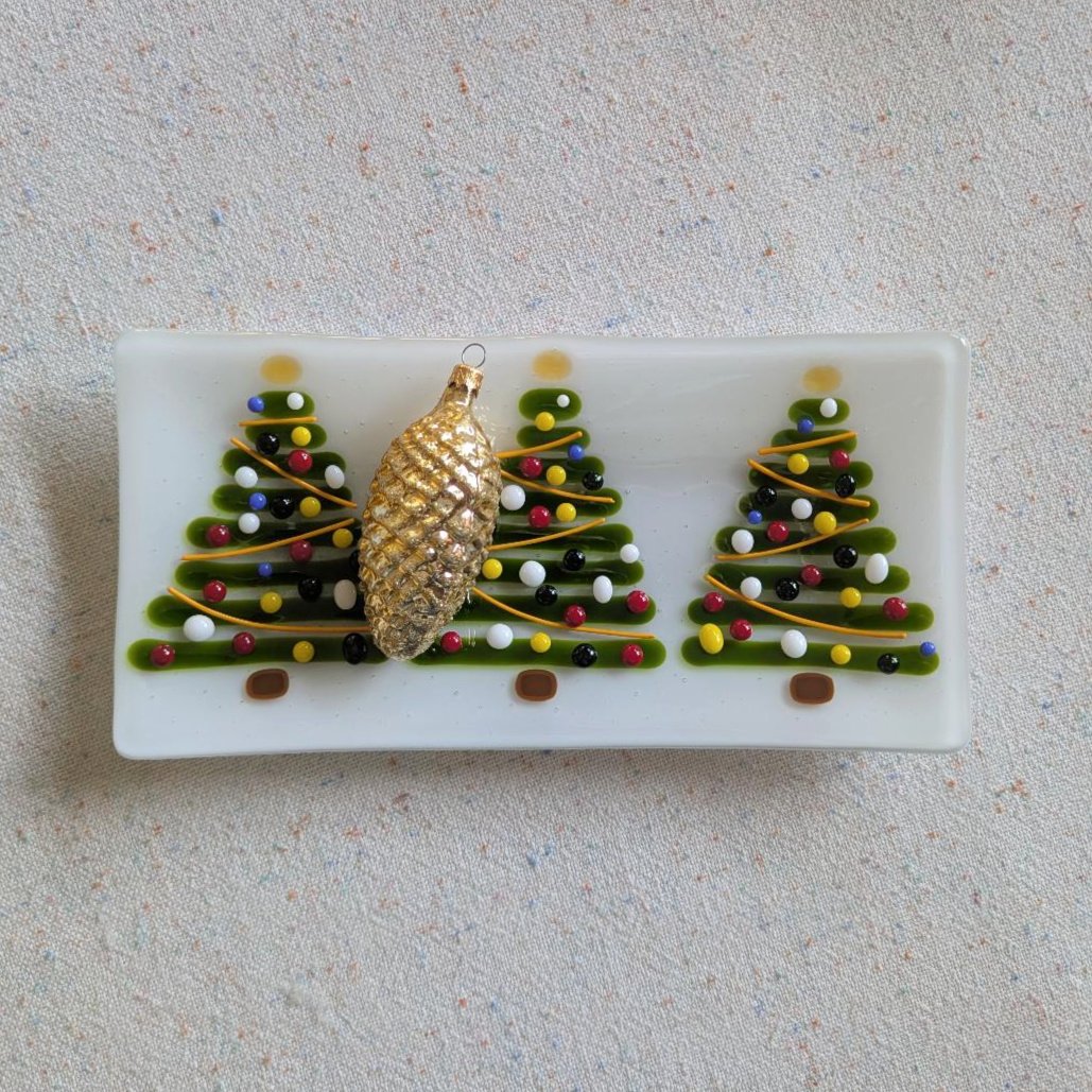 10 x 5 Inches Fused Glass Tray – Three Decorated Christmas Trees with Red, Yellow, Green, White and Blue Ornaments on White Background