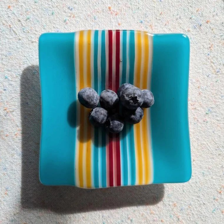 5 x 5 Inches Fused Glass Dish – Blue, Red and Yellow Stripes on a Caribbean Blue Background