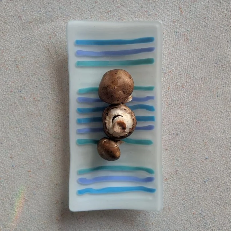 10 x 5 Inches Fused Glass Tray – Blue, Turquoise and Pastel Green Stripes on a White Background