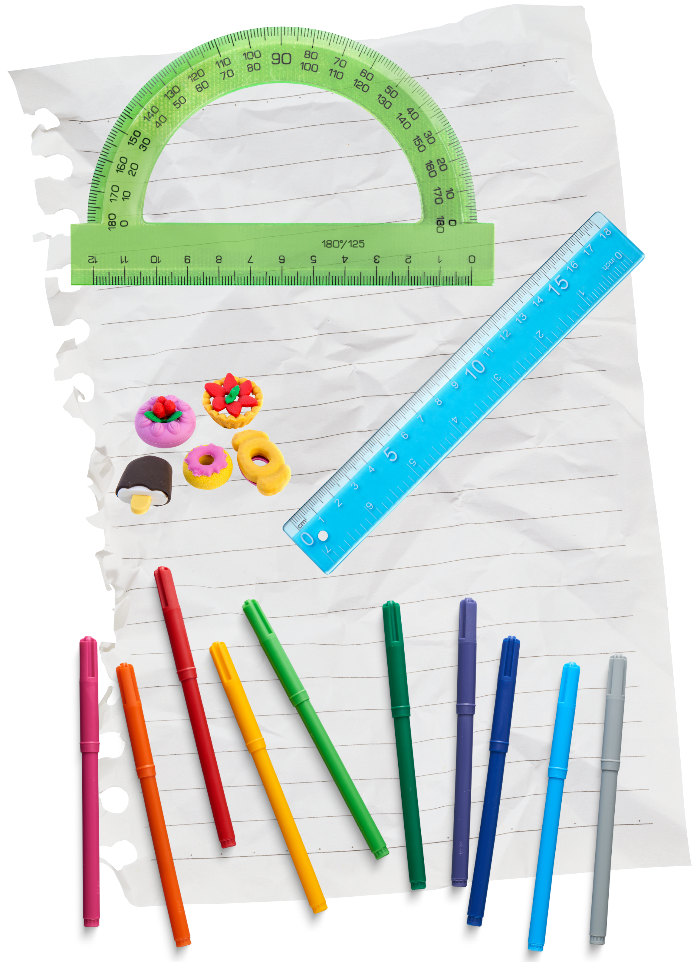 an image of lined notebook paper, markers, erasers, protractor, and ruler