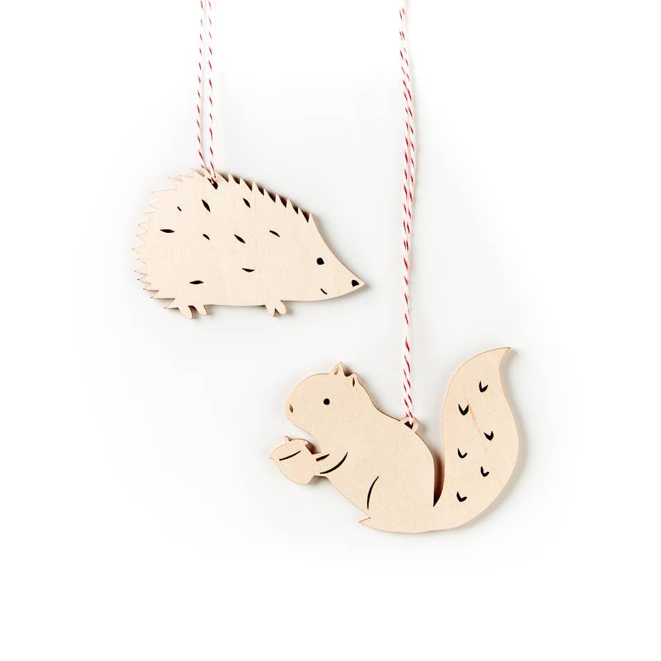 Hedgehog &amp; Squirrel Wooden Ornaments - $18.00 