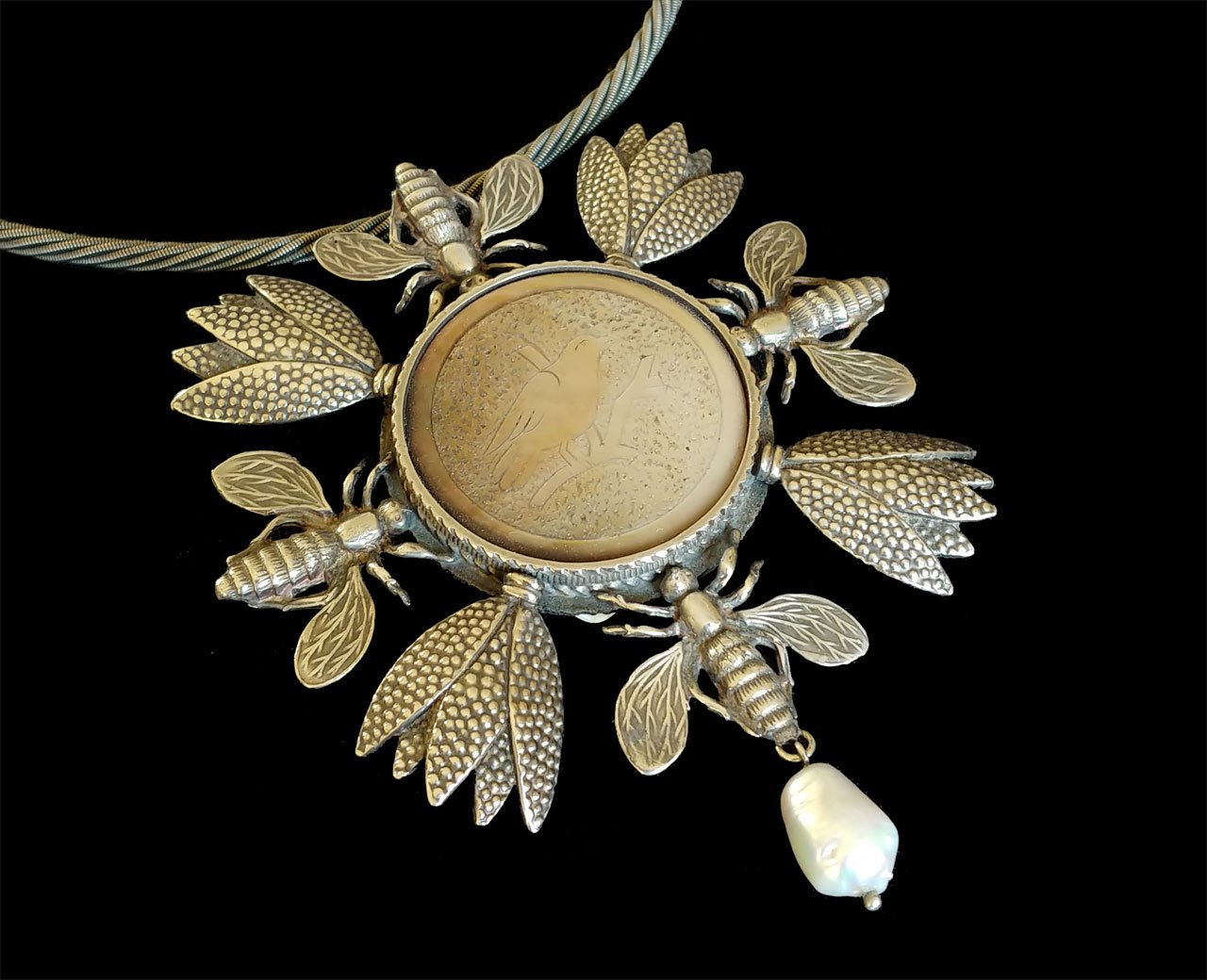   Beauty Surrounds You Pendant  of Chinese mother-of-pearl gambling chip, silver cord, sterling silver, pearl; lost wax cast, formed, fabricated, soldered. 