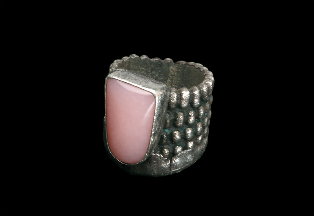   Silver Ring  by Anthony Lovato, tufa cast and fabricated, bezel set with sugilite, often worn by Carolyn. 