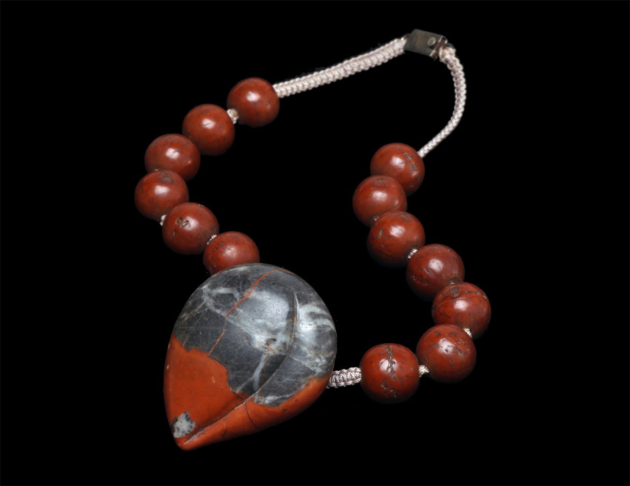   Stone Peach Necklace  of seed beads, stone pendant. 